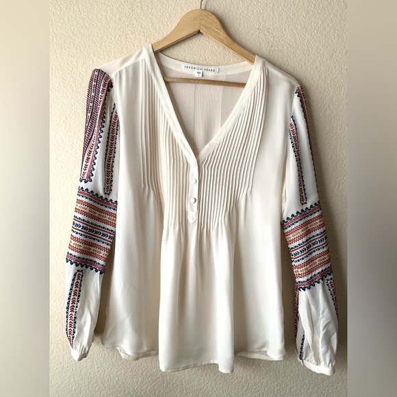 Veronica Beard Tops - Veronica Beard Cream V-Neck Blouse with Multicolor Embroidered Sleeves